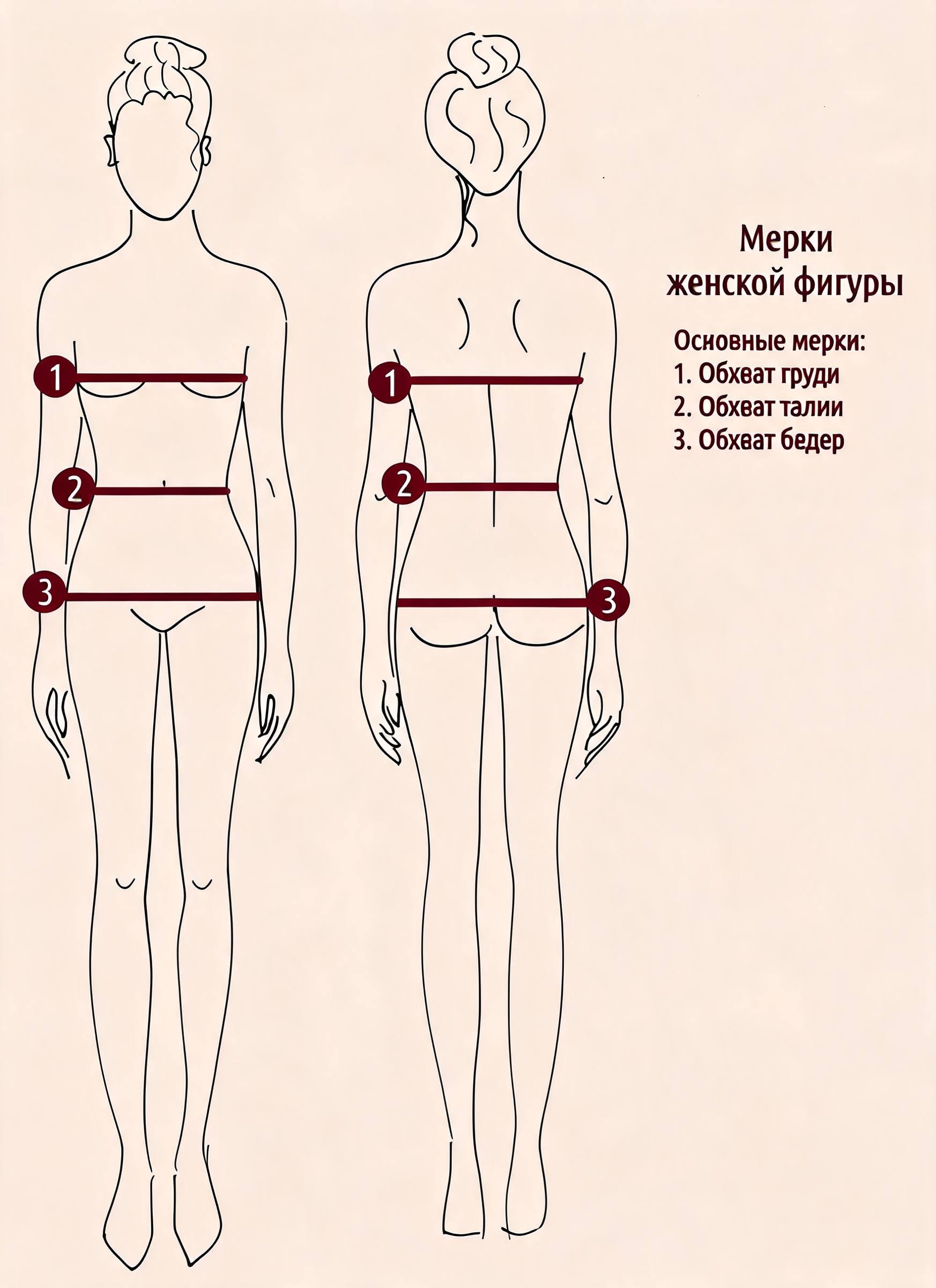 Мерки женской фигуры: 1 — обхват груди, 2 — обхват талии, 3 — обхват бёдер. Вид спереди и сзади.